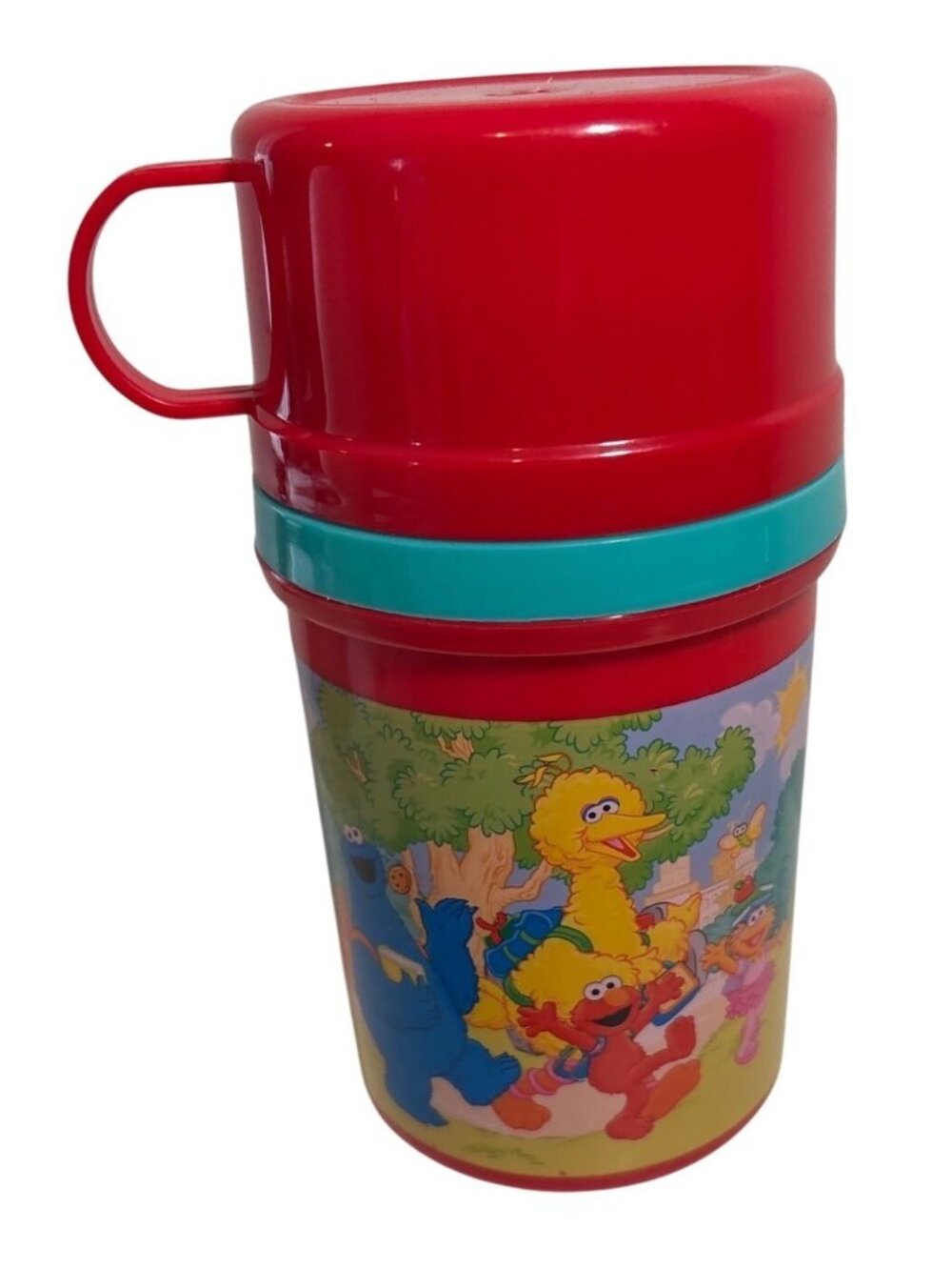 Sesame Street Thermos Red Bue Plastic BlueHandle 2010 Big Bird Elmo Cookie Monst